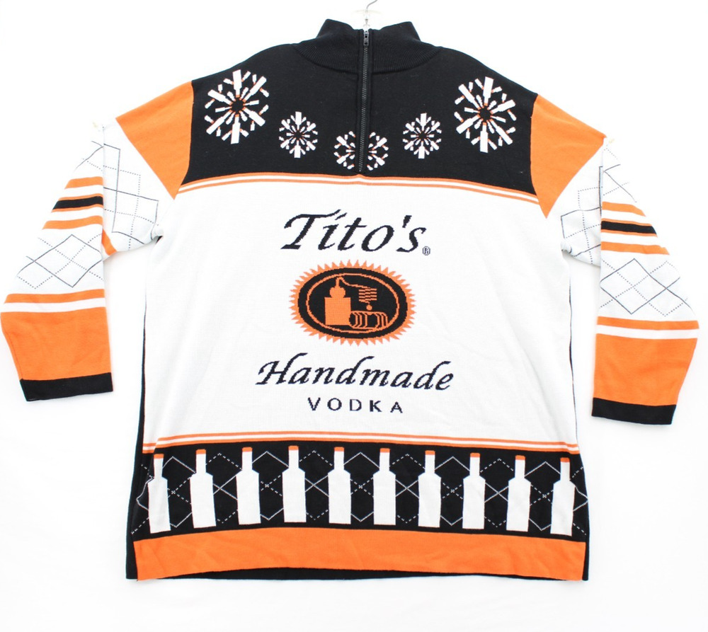 Tito's Handmade Vodka Sweater Mens XXL Black Orange Christmas Quarter Zip Texas